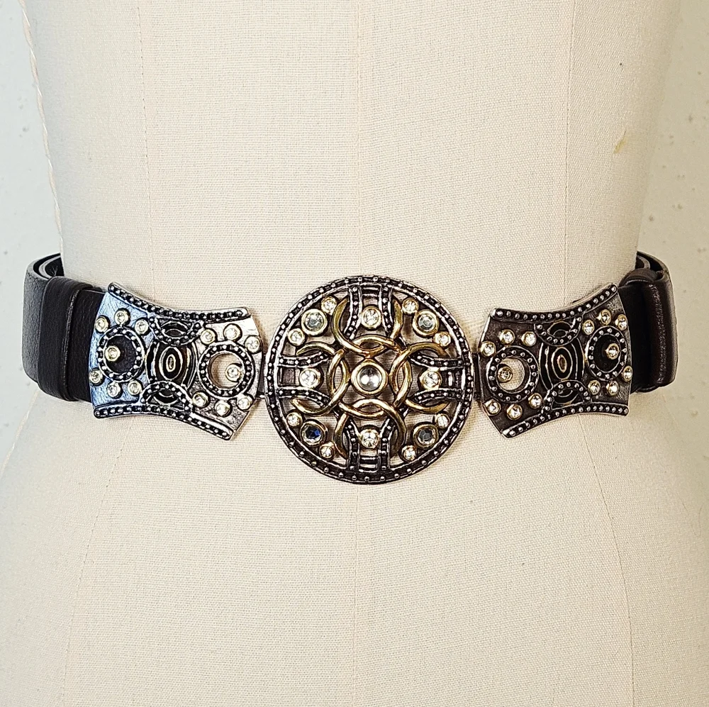 Chico's Brown Leather Western Belt Rhinestone Statement Buckle Boho M/L